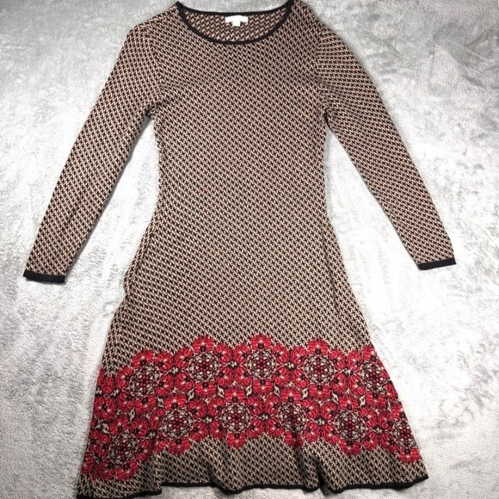 New‎ York & Company Knit Houndstooth Floral Sweater Dress Brown Red Size L